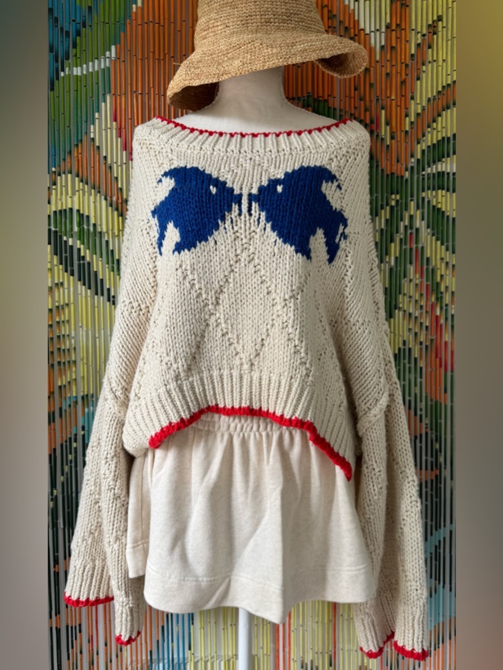 Free People Cream Off-Shoulder Sweater with Blue Motif and Red Trim